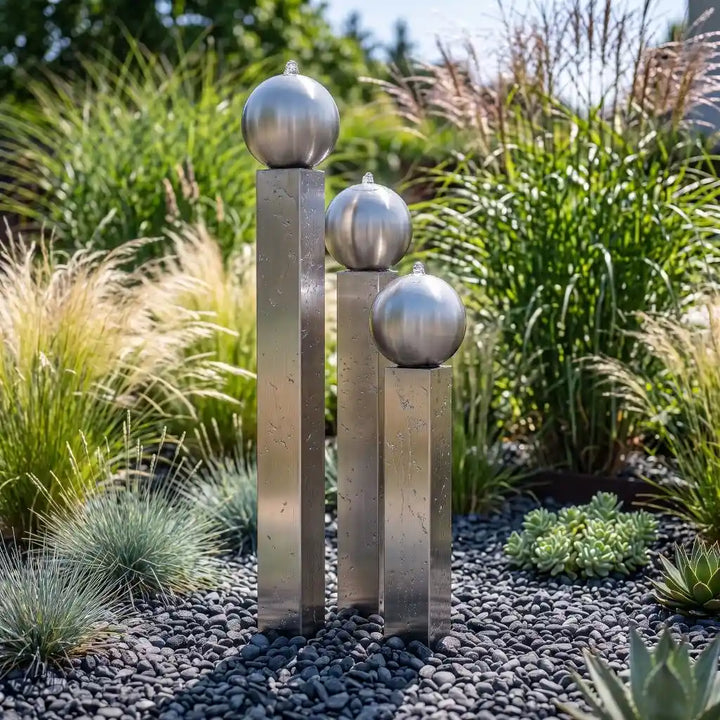 Edelstahl-Gartenbrunnen Balance Sphera 120 cm im 3er-Set auf dunklem Zierkies zwischen Gräsern.