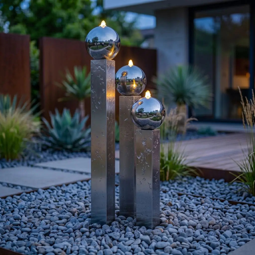 Beleuchteter Edelstahl-Gartenbrunnen Balance Sphera auf einer modernen Terrasse in der Abenddämmerung.