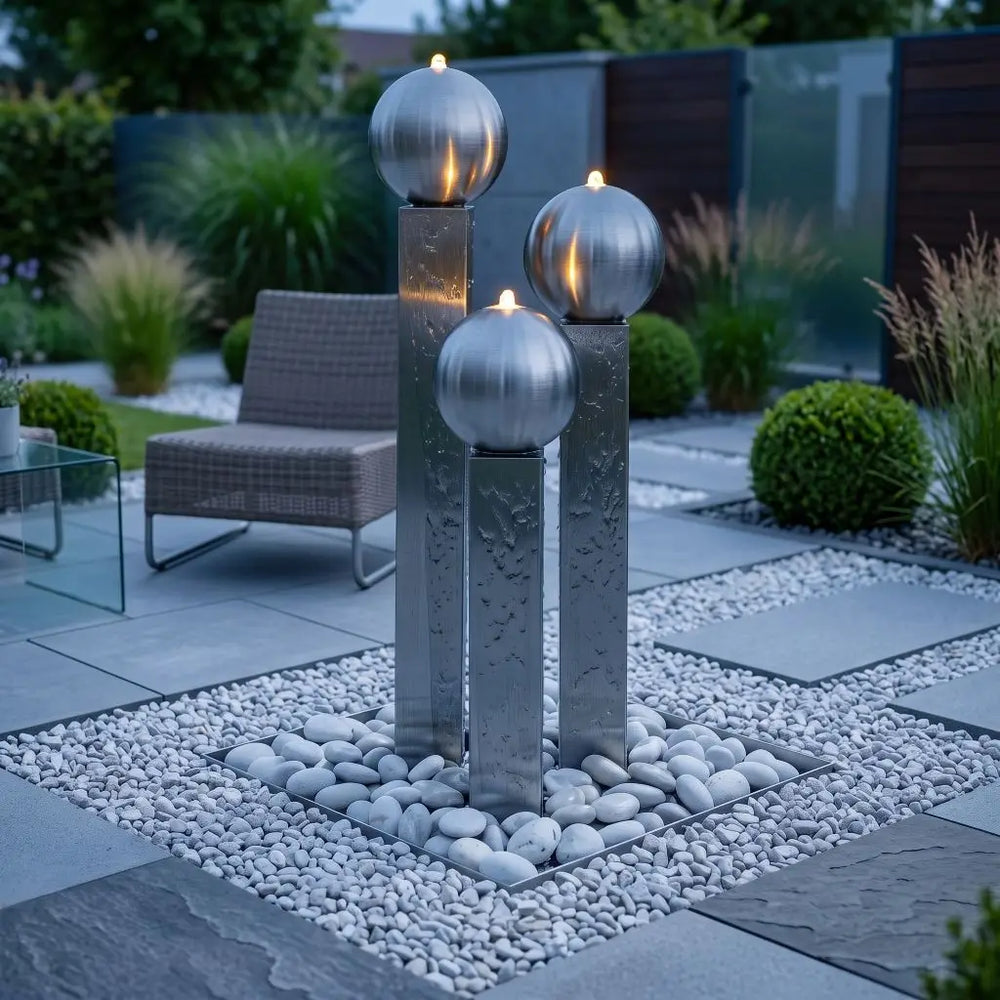 Beleuchteter Edelstahl-Gartenbrunnen Balance Sphera 125 cm auf einer modernen, gepflasterten Terrasse am Abend