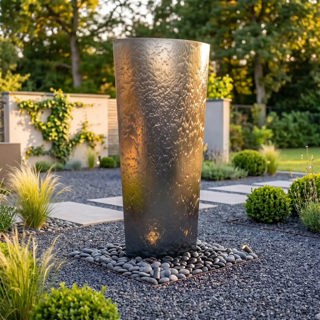 Hoher Ellipse 150 cm Säulenbrunnen aus Edelstahl in einer modernen Außenanlage