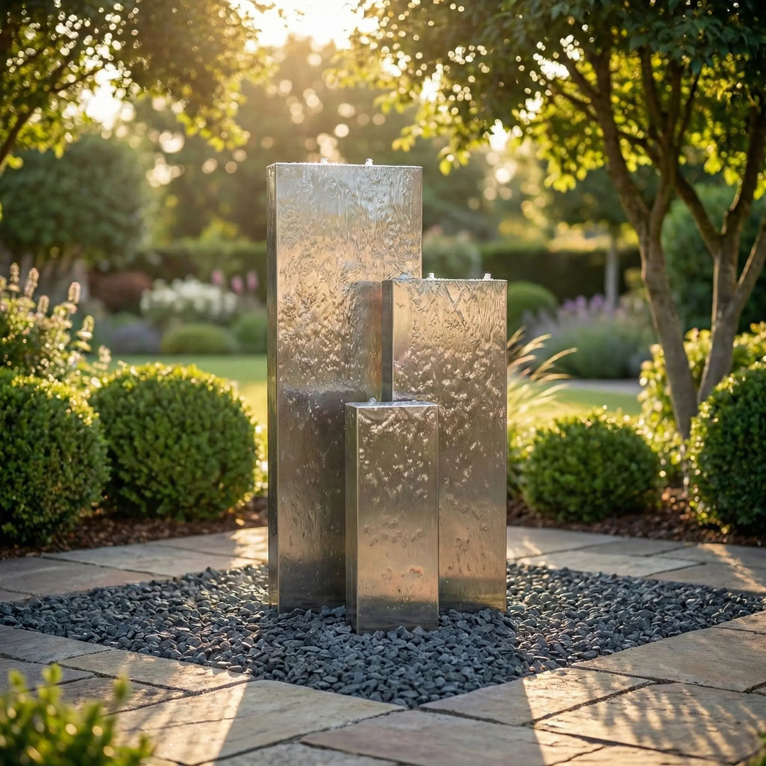 Linea 120  Edelstahl-Gartenbrunnen mit drei unterschiedlich hohen Säulen in einem modernen Garten