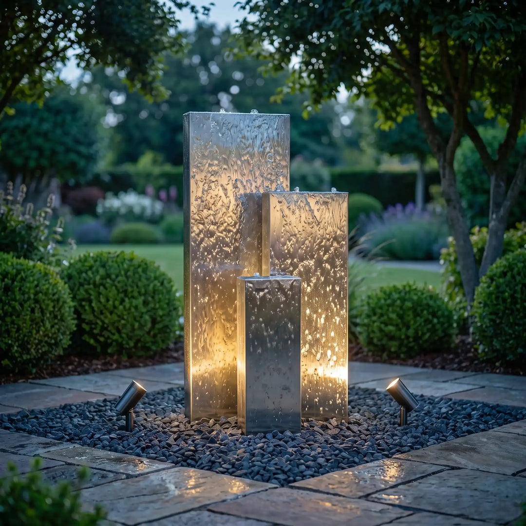 Linea Edelstahl-Gartenbrunnen mit beleuchtetem LED Wasserlauf bei Dämmerung