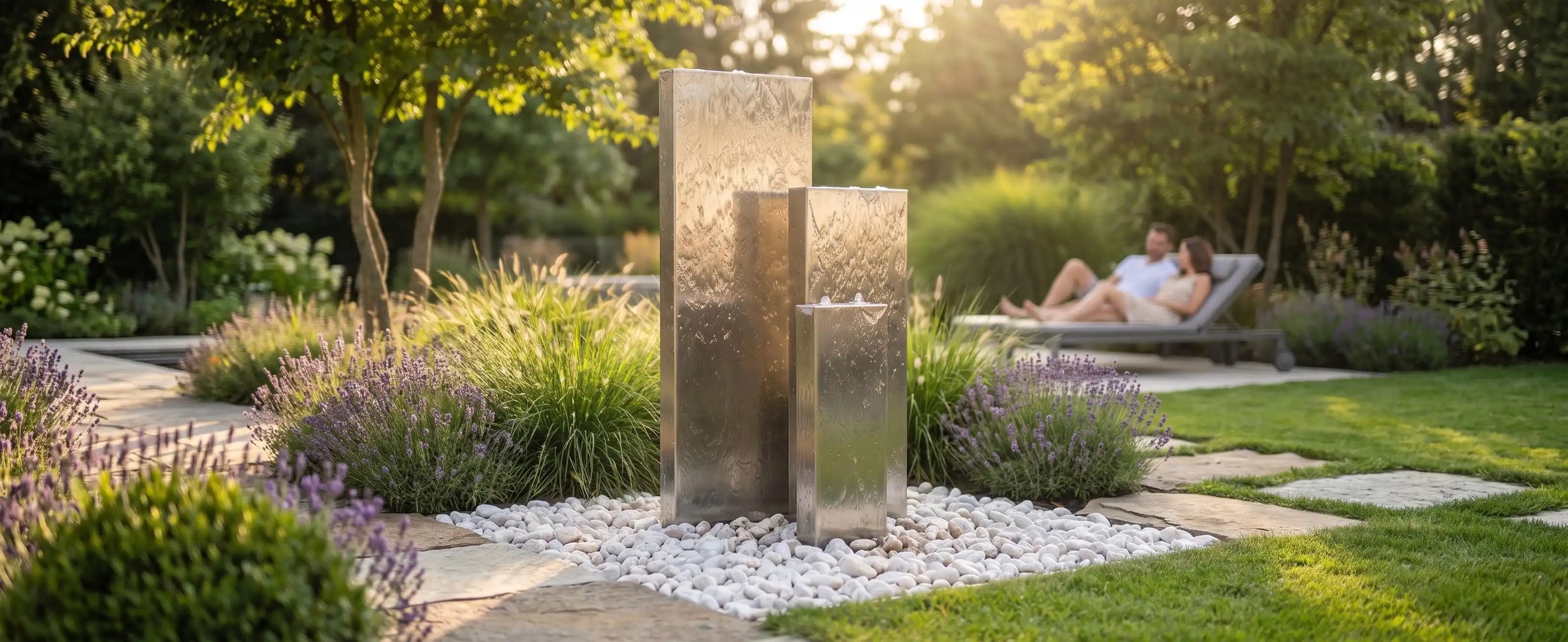 Linea 120 Edelstahl-Gartenbrunnen mit drei unterschiedlich hohen Stelen in einem modernen Garten