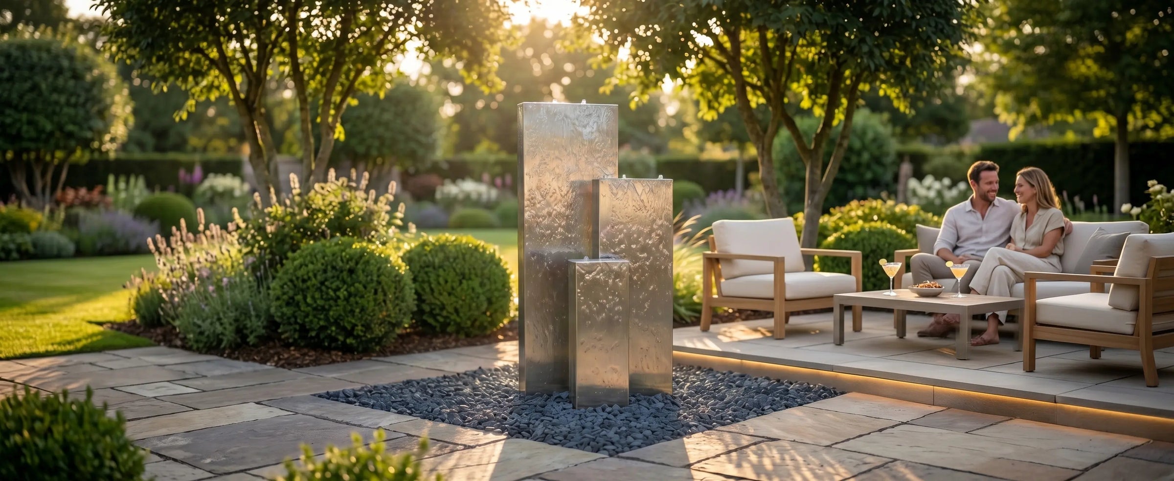 Großer Linea 150 Gartenbrunnen aus Edelstahl mit drei Stelen in einer modernen Außenanlage