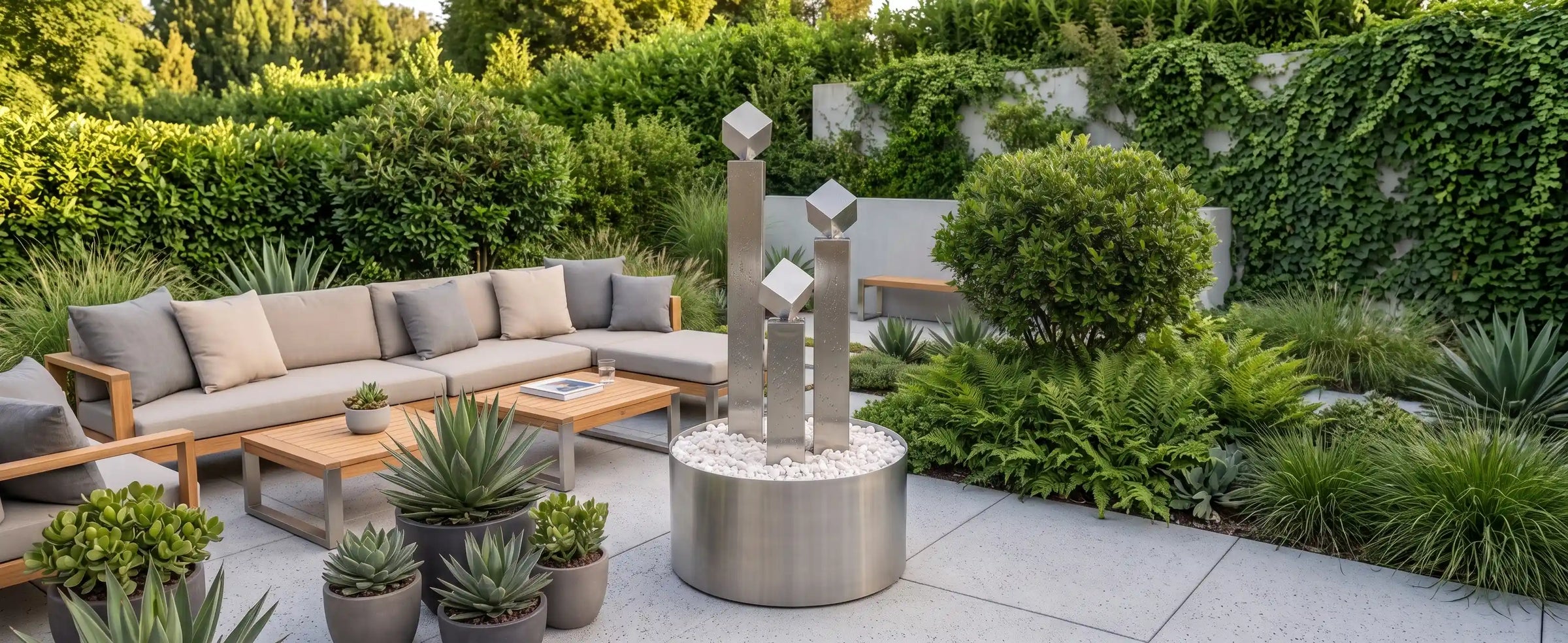 Balance Cubo Gartenbrunnen aus Edelstahl mit drei Säulen und Würfeln auf Terrasse
