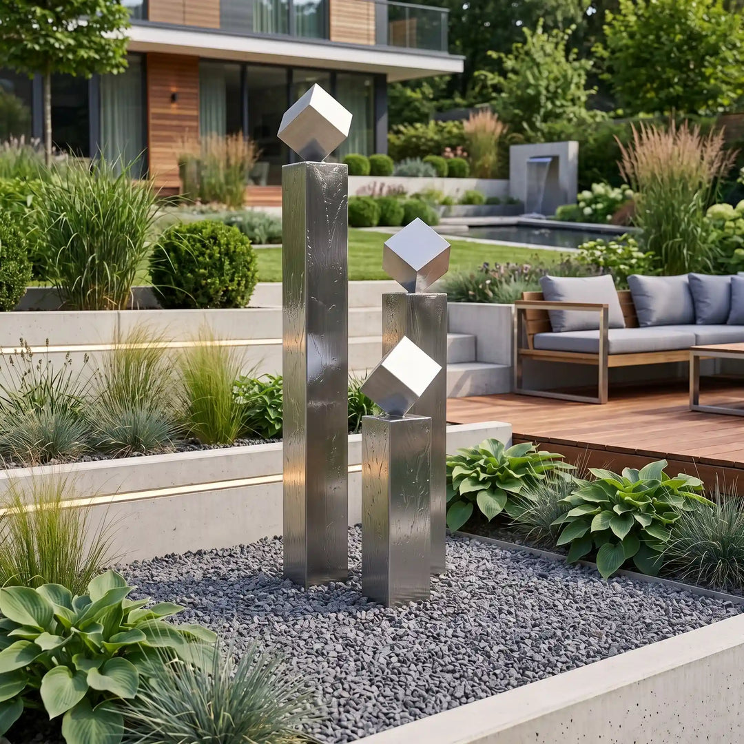 Großer Balance Cubo 165 Gartenbrunnen aus Edelstahl