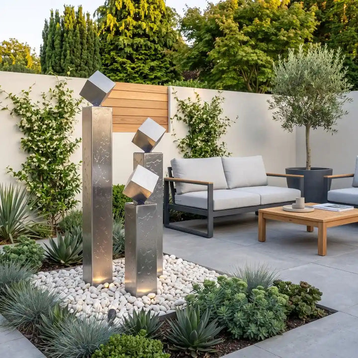 Edelstahl-Säulenbrunnen Balance Cubo 165 cm im 3er-Set mit drei Würfeln als Wasserspiel